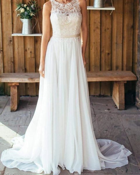 

sheath / column wedding dresses jewel neck sweep / brush train chiffon lace sleeveless beach with appliques, White