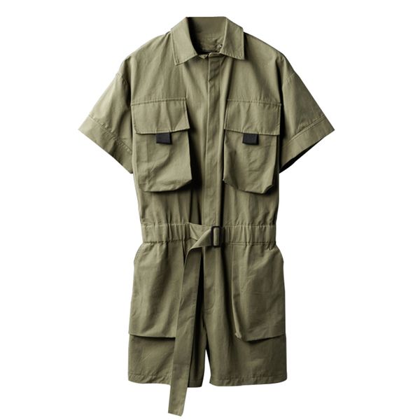 

men's short sleeves big pockets cargo jumpsuits with belt casual summer overalls shorts, Blue