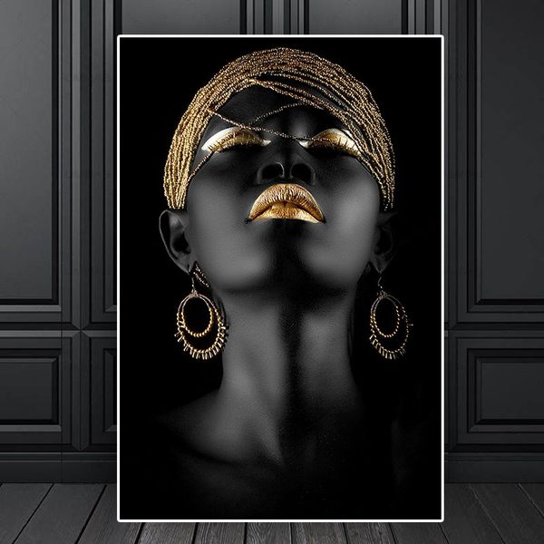 

modern style african woman paintings on canvas golden black scandinavian wall art poster and print for living room decor