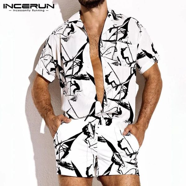 

incerun fashion men shorts rompers printed 2020 short sleeve button beach men hawaiian jumpsuit streetwear casual overalls s-5xl, White;black