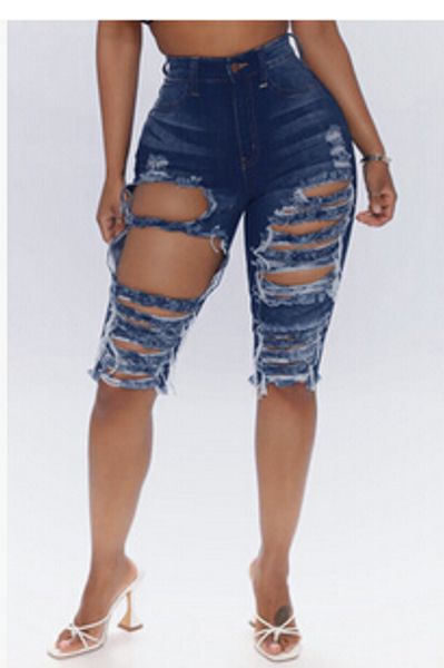 

women's high waist ripped hole washed distressed short jeans knee length bicycle shorts, Blue