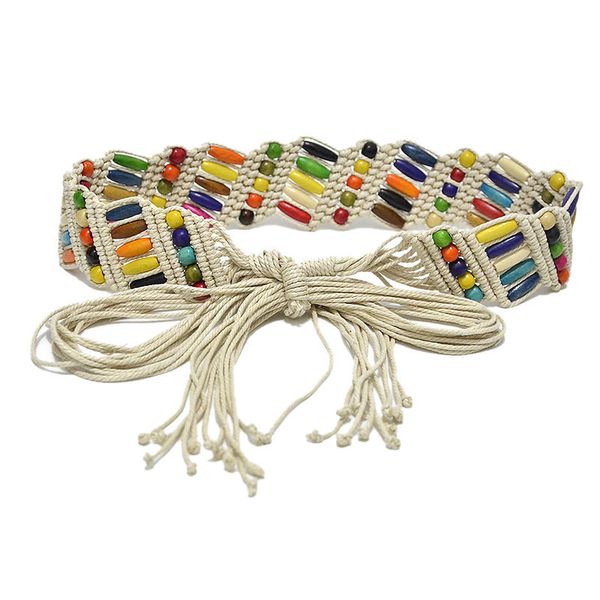 

hand-woven belt national style belts wooden beads weaving knotted waist chain bohemia female ceinture femme, Black;brown