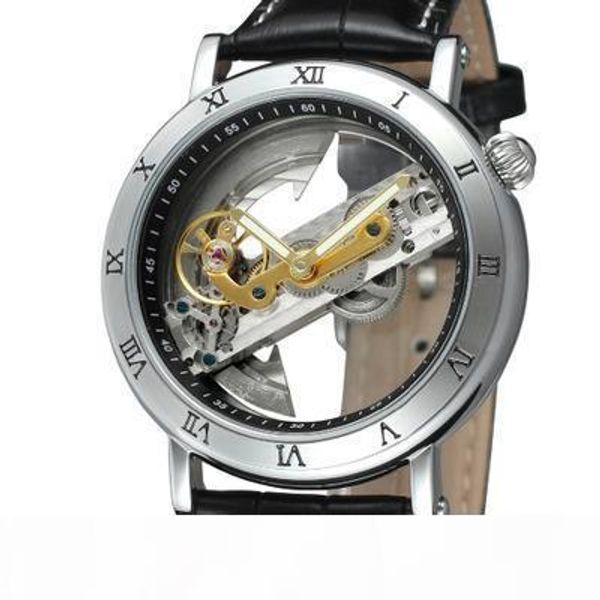 

luxury waterproof men watch skeleton automatic mechanical self-wind stainless steel genuine leather man business wristwatch, Slivery;brown