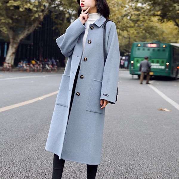 

autumn winter streetwear cashmere woolen coat women long sleeves loose casual coats ladies korean elegant solid wool overcoat, Black