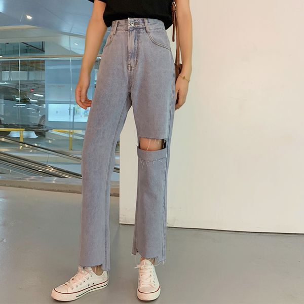 

hem ripped high waisted straight leg jeans for women, Blue