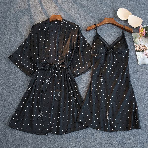 

women print nighty&robe set satin 2pcs sleepwear female robe set summer kimono robe gown silky intimate lingerie, Black;red