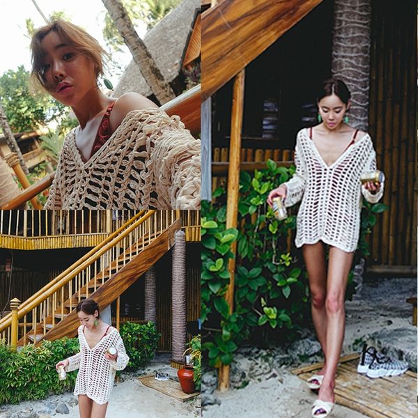 

korean 2019 summer fashion fishing net perspective hollow loose pullover thick needle hook pullover knitwear knitwear bikini blouse, Black;red