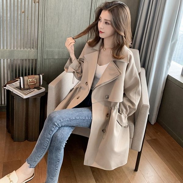 

mqau5 women's mid-length early autumn elegant loose double-breasted waist-tight coat small coat windbreaker windbreaker versatile casua, Tan;black
