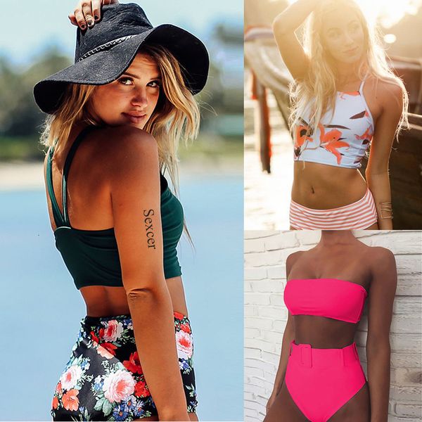 

2020 new women bikini set mujer ruffle biquinis brazilian swimwear summer printed swimsuit push up high waist bikini, White;black