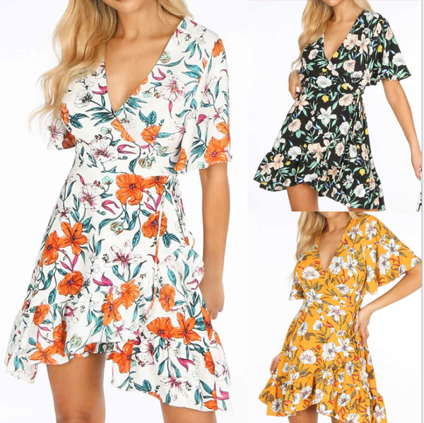 

deep v-neck mini party dress short sleeve sundress vestidos 2020 boho summer dress women floral print ruffle beach dresses
