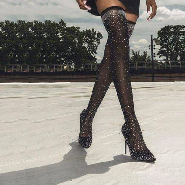 

2020 new rystal stretch fabric over the knee boots pointed toe high heels boots winter shoes women knee-high plus size 43, Black
