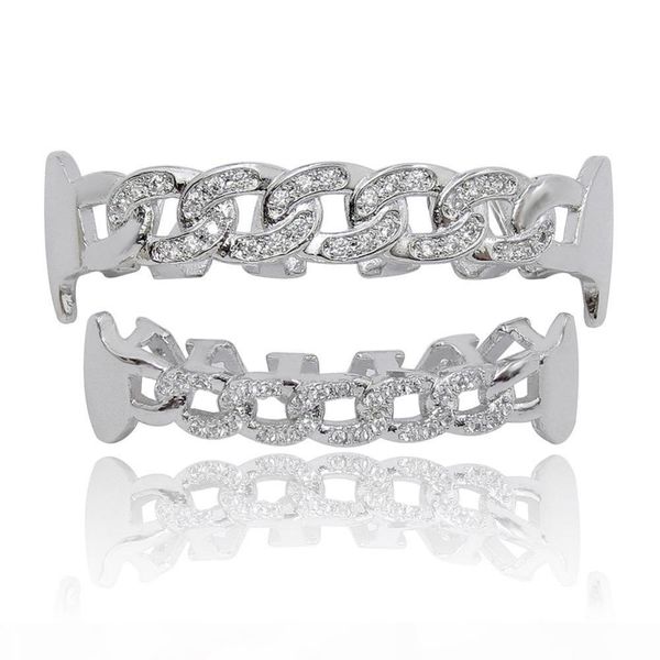 

new custom fit fully cz cuban fang grillz iced-out bling hip hop teeth grill & bottom grillz set chain vampire grills, Black