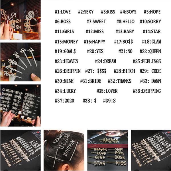 

sparkly gold sliver pearl letter hair clip word barrettes pins handmad rhinestones hair jewelry popular new hair accessories for women girls, Slivery;white