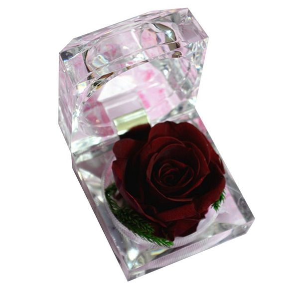 

handmade preserved rose with acrylic crystal ring box for proposal engagement (wine red