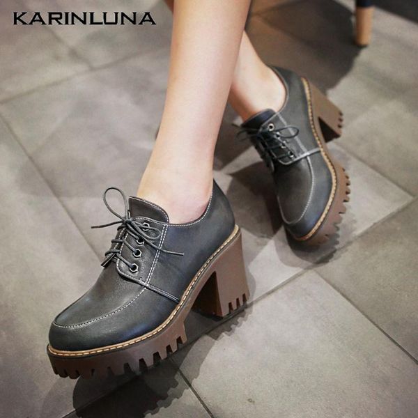 

karin large size 43 leisure shoelaces british style platform square high heels 2020 spring woman shoes pumps, Black