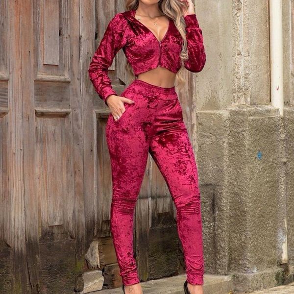 

fashion velvet 2 piece set women crop women tracksuit elastic waist long pants two piece set, Gray