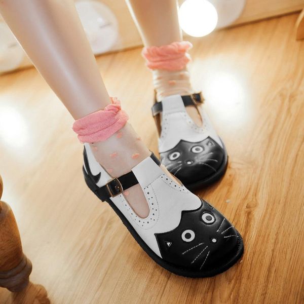 

плюс размер обуви женская цвет matching с полукруглой головкой пряжка обувь мультфильм милый черный и белый кот дамы партии обуви #, Black