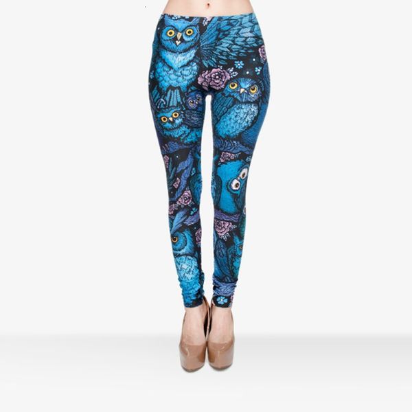 

new fashion leggings late night blue background owl animal print pattern fitness pants casual slimming leggings, Black