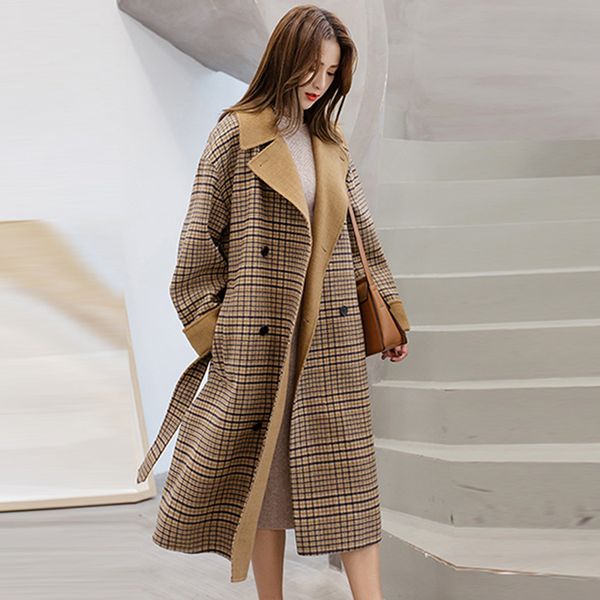 

double breasted long sleeve plaid leisure oversize modern lady slim woolen coat korea khaki overcoat woman winter, Black