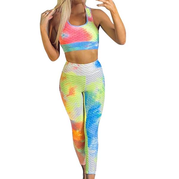 

yoga outfits tie-dye sports wear for women gym clothing bandage print set elegant crop pans suit fitness workout ladies sportwear, White;red