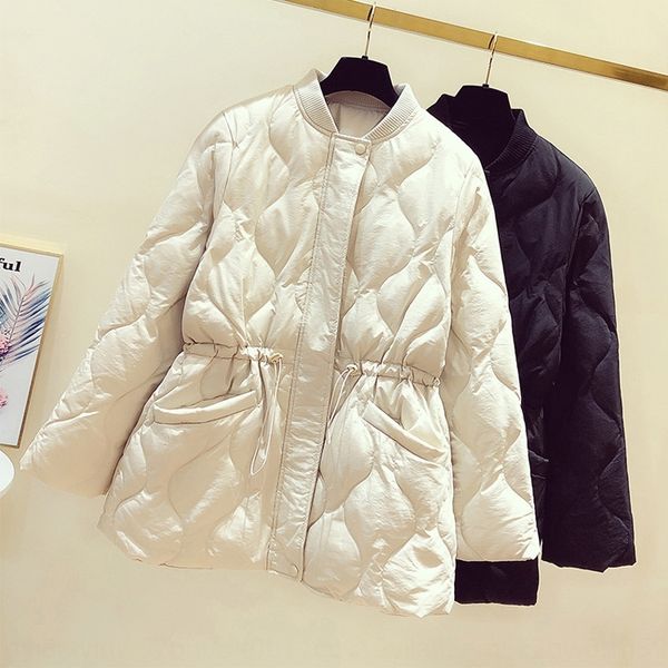 

2019 harajuku new korean jacket style slimming stand collar drawstring waist mid-length down jacket women's white duck down, Black