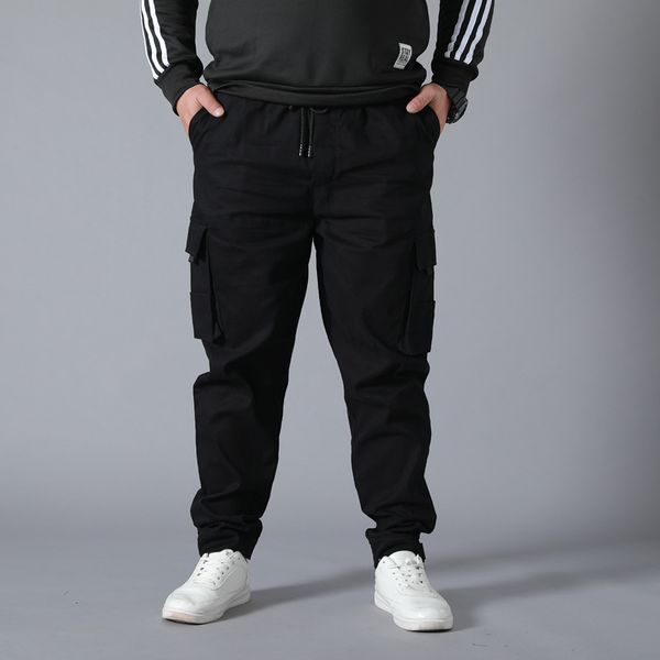 

men's pants wear-resistant multi-pocket cargo trousers plus size work overalls jogger super loose men cotton casual, Black