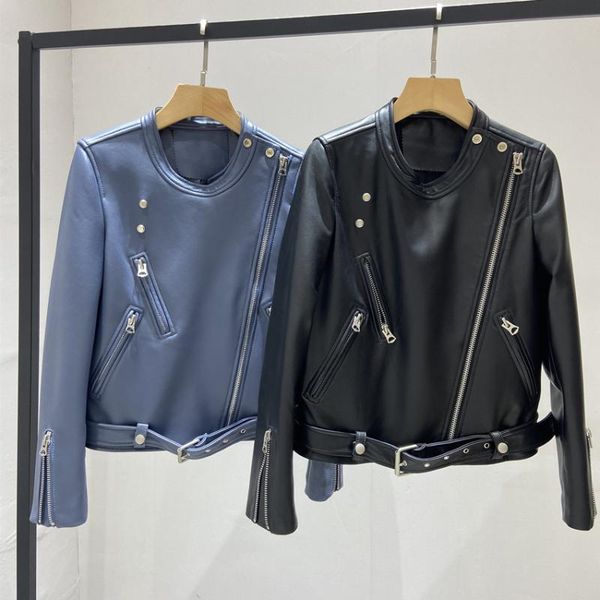 

women's leather & faux natural women lambskin bomber biker jacket long sleeves 100% sheepskin coat h78, Black