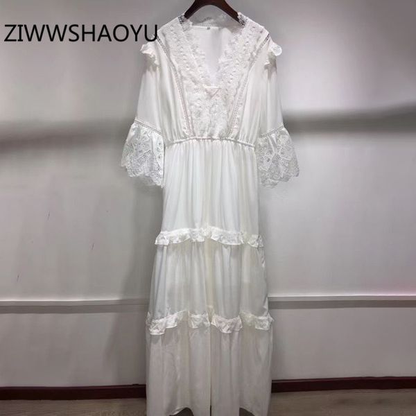 

ziwwshaoyu осень женский сладкие white party длинные платья модельер женщин элегантный оборками hollow платье out кружева v-образным вырезом, Black;gray