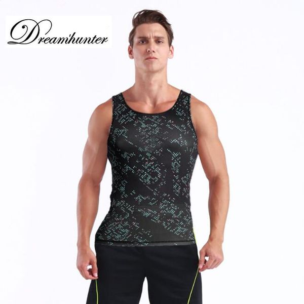 

running basketball men vest printed high elastic tight sleeveless t-shirts gym fitness compression male tank jogging vest, Black;blue