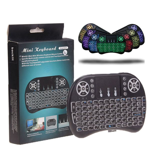 

горячие продажи мини-i8 беспроводная клавиатура подсветка 2.4g air mouse control клавиатура литиевой батареи touchpad перезаряжаемые дистанц