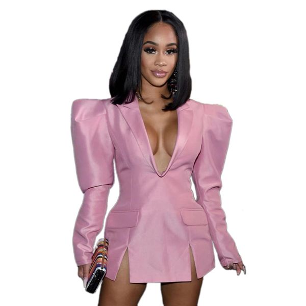 

v-neck pink dress suits 2020 autumn spring new women fashion suit elegant tuxedo woman long sleeve pleated blazers dress, White;black
