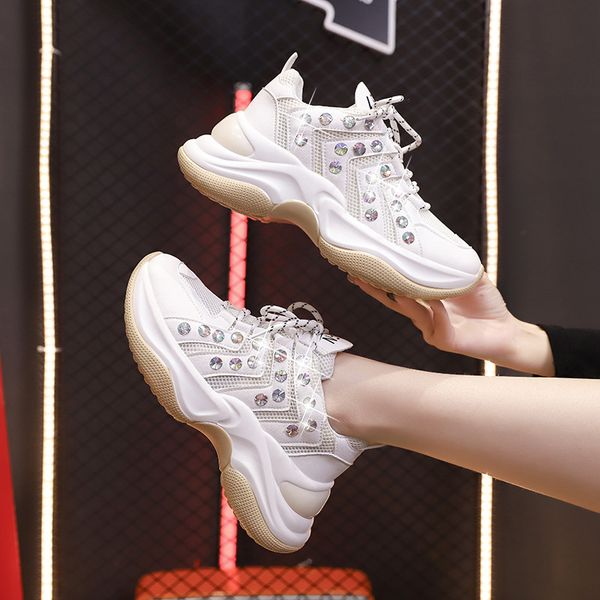 

2020 women shoes spring ladies platforms flats shoes breathable mesh sneakers female women casual diamond inlay daddy shoe, Black