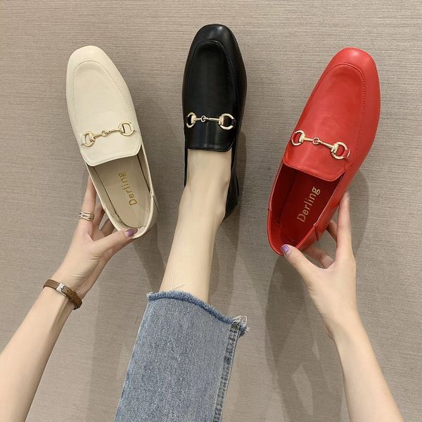 

autumn oxfords women shoes flats slip-on shallow retro shoes solid leather metal buckle round toe casual woman plus size, Black