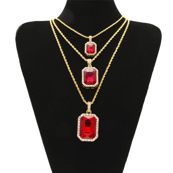 

hip hop men jewelry bling iced out three layer ruby pendant necklaces set with 20inch 24inch 30inch chian, Silver