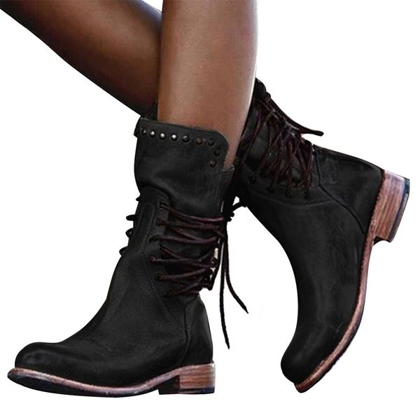 

adisputient new retro woman shoes leather winter boots ladies fashion vintage rivet round toe lace-up mid-calf zipper boots, Black