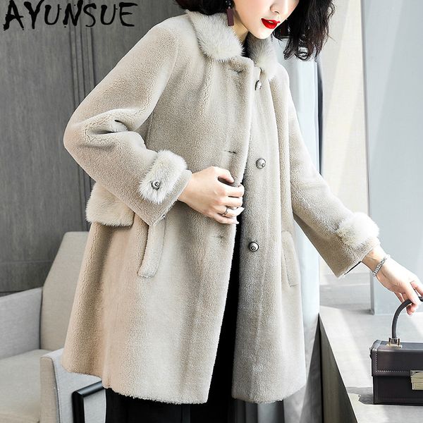 

ayunsue 2020 real fur coat winter coat women sheep shearling jacket women collar 100% wool korean jackets my4458, Black