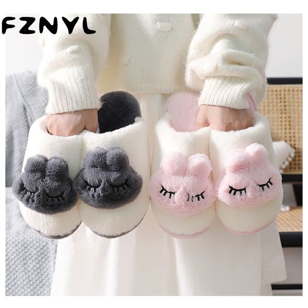 

fznyl women and men winter slippers cute cartoon warm plush slip on flat couple soft shoes comfortale house shoe 2020, Black