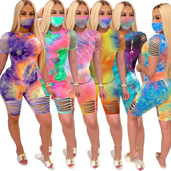 

designer women short outfits summer short sleeve t shirt tie-dyed burnt flower two-piece tracksuit sportsuit pants suit, Gray