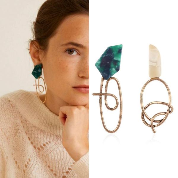

new irregular statement big earrings green acrylic antique gold asymmetric metal stud earrings fashion jewelry for women, Golden;silver