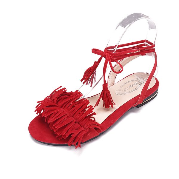 

women sandals summer new sweet tassel buckle sweet flat toe wedge floral straps red heels shoes