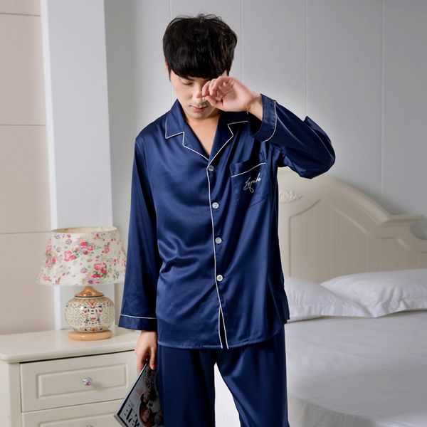 

new men's elastic satin men's imitation clothes home pajamas silk home clothes long sleeve pajamas sale, Blue;red
