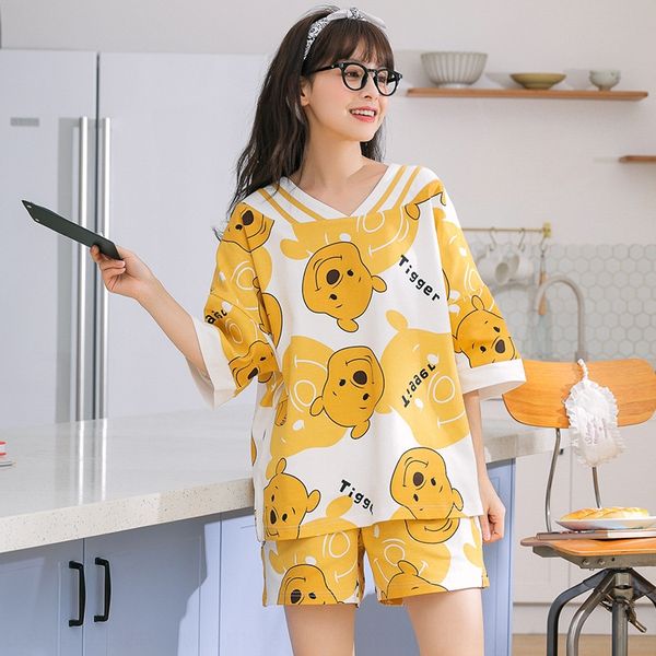 

knitted cotton short-sleeved pajamas korean style clothes clothes home furnishing clothing sweet cute girl style outdoor home wear, Blue;red
