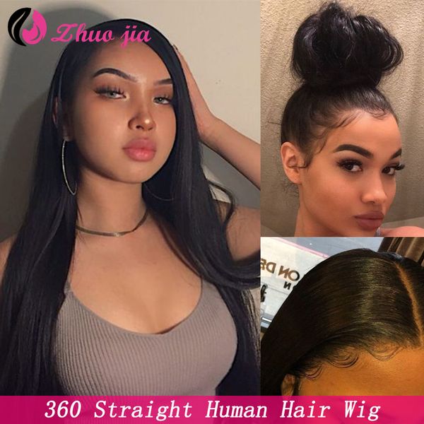 

zhuo jia straight lace front human hair wigs pre plucked hd transparent lace wig malaysian remy human hair 360 lace front wig, Black