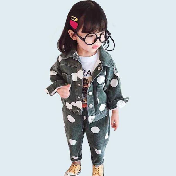 

kids clothes dot jacket + jeans girls clothing set turn down collar denim suit for baby girl autumn novelty kids suit for girls, White