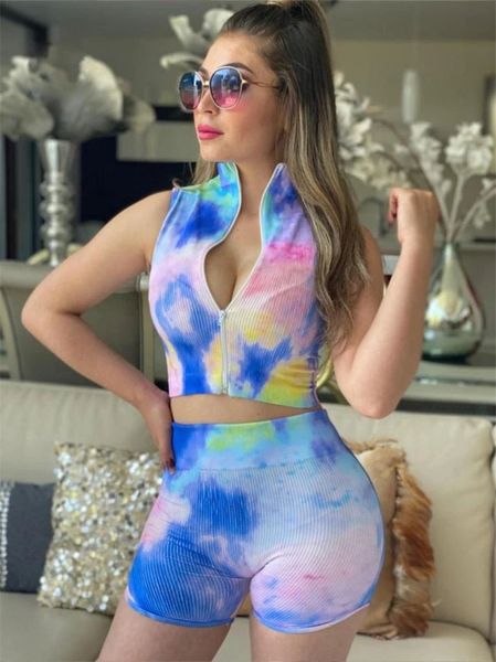 

ladies clothing summer womens slim 2pcs stand collar with zippper womens tracksuits tie dye shorts vest, Gray