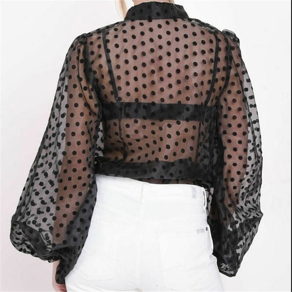 

новые женщины сетки sheer блуза see through фонарь с длинным рукавом блузка мода pearl кнопка прозрачная белая рубашка женщина blusas, White