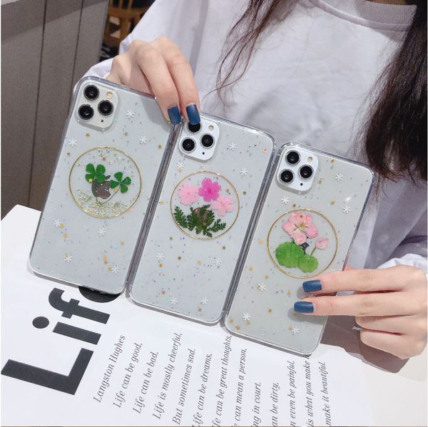 

real flowers transparent phone case for iphone 11pro xs max x xr 6 6s 7 plus glitter soft tpu dried flower beautiful back cover