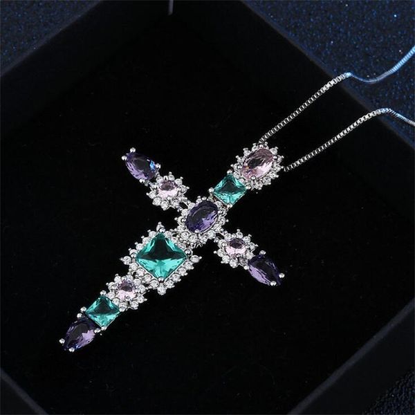 

pendant necklaces 2021 copper cross necklace set in cubic zirconia black white fashion for women jewelry statement, Silver