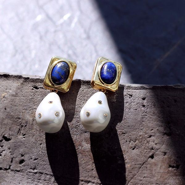

new arrival brass drop earring with lapis stone and pearl style for women summer vocation match wedding jewlery gift ps5653, Golden