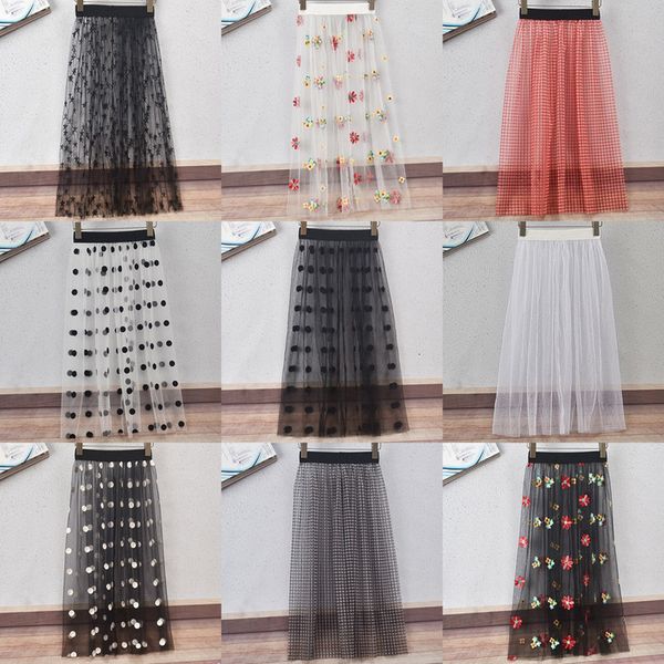

new tulle women lace mesh skirt summer casual vintage high waist skirts elastic hollow out transparent one layer skirt q107, Black